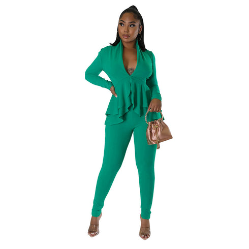Womens Flounce Long Sleeve Pencil Pants Suit Set Narrow V-Neck