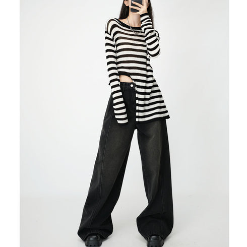 Women's Loose Wide Leg Draping Mop Slimming High Waist Denim Trousers