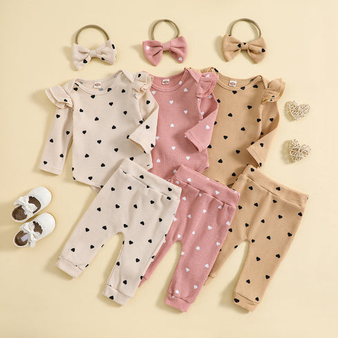 Kid's Heart Printing Jumpsuit, Trousers, Hair Band, Three-piece Set