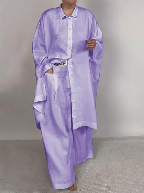 Womens Casual Dress Loose Solid Color Shirt Outfit Wide Leg Pants Two-piece Set