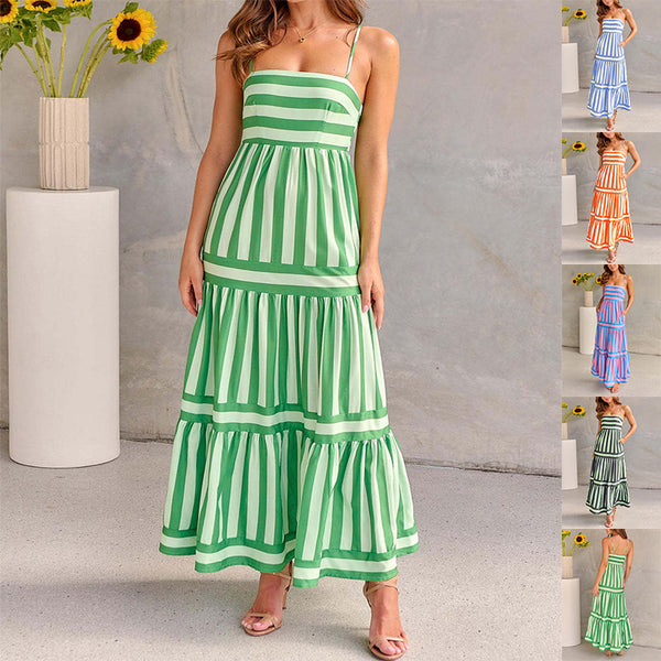 A woman standing in a sunny location wearing a green and white striped long dress with no sleeves and a square neckline. Additional images show the dress in other colors with a similar pattern.