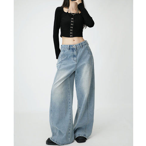 Women's Loose Wide Leg Draping Mop Slimming High Waist Denim Trousers