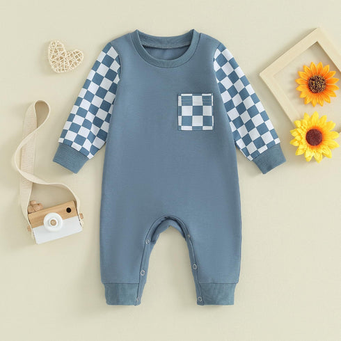 baby jumpsuit in blue colour with checked on pocket and sleeves