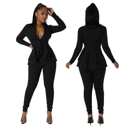 Womens Flounce Long Sleeve Pencil Pants Suit Set Narrow V-Neck