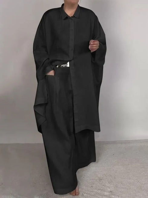 Womens Casual Dress Loose Solid Color Shirt Outfit Wide Leg Pants Two-piece Set