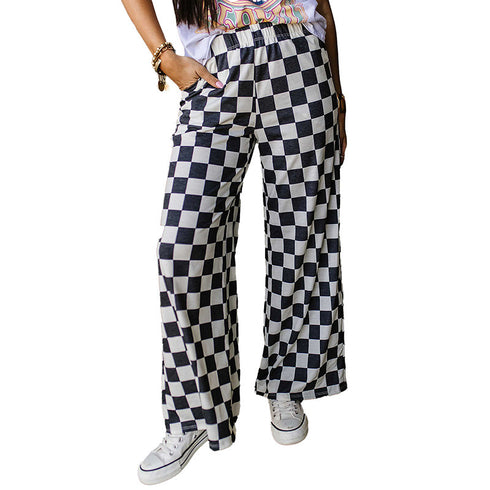 Women's Chessboard Plaid Printed Casual All-match Loose Wide-leg Pants
