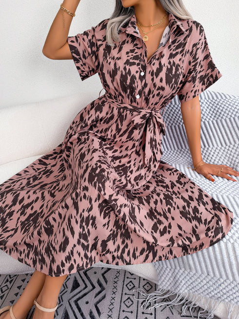 Women's Loose Leopard Print Lace-up Dress