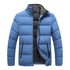 blue puffer jacket with black detailing displayed on a white background, jacket has two zip pockets in front.