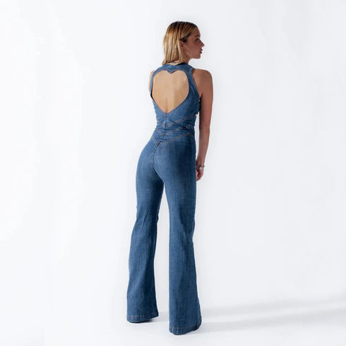 heart shape backless denim jumpsuit in blue colour