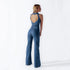 heart shape backless denim jumpsuit in blue colour