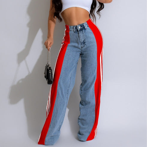 Women's High Waist Elastic Straight Leg Trousers Denim Wide Leg Pants Streetwear
