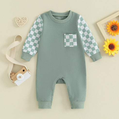 baby jumpsuit in green colour with checked on pocket and sleeves