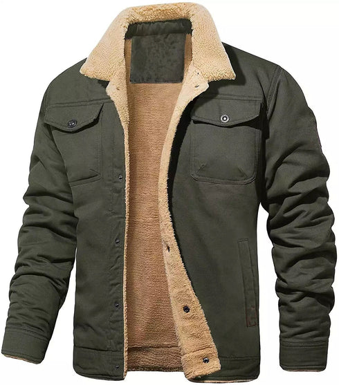 An army green winter jacket with inner fur displayed on a white background.