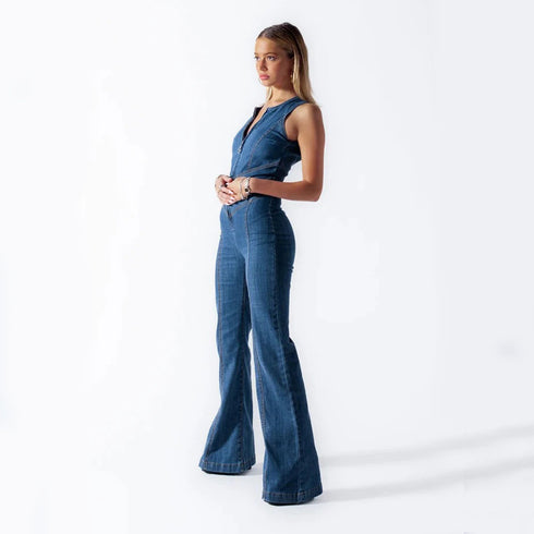front view of backless denim jumpsuit