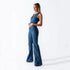 front view of backless denim jumpsuit