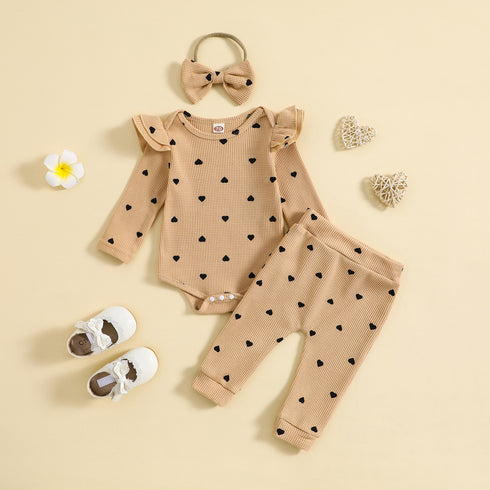 Kid's Heart Printing Jumpsuit, Trousers, Hair Band, Three-piece Set