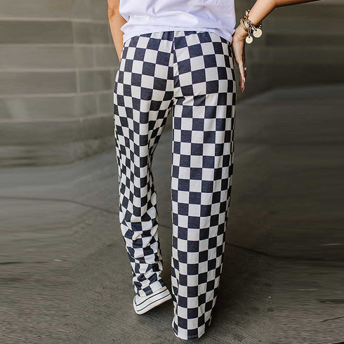 Women's Chessboard Plaid Printed Casual All-match Loose Wide-leg Pants