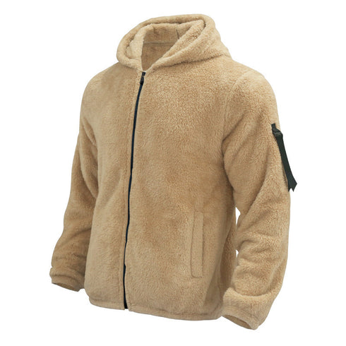 men's khaki winter fur double-sided hooded jacket displayed on white background