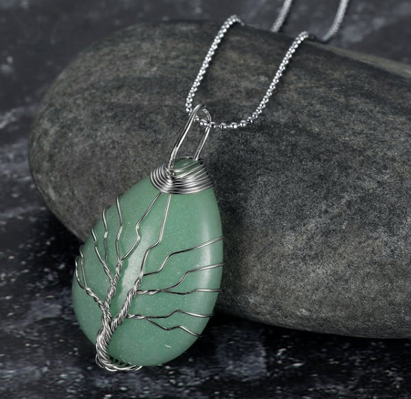 Unisex Fashion Celtic Tree Of Life Pendant & Chain On Teardrop Semi-Precious Stone