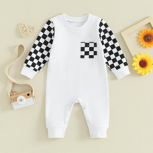 baby jumpsuit in white colour with checked on pocket and sleeves