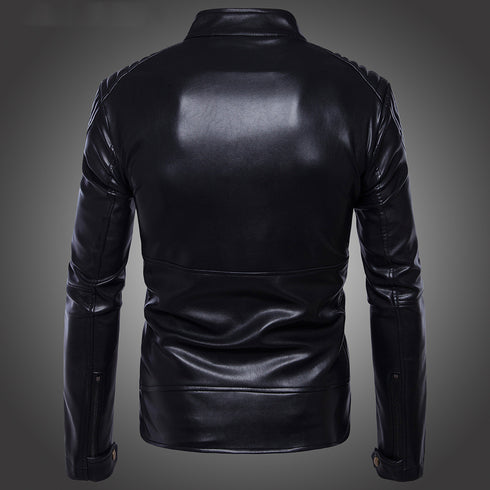 back view of a black leather men's jacket with a standing collar