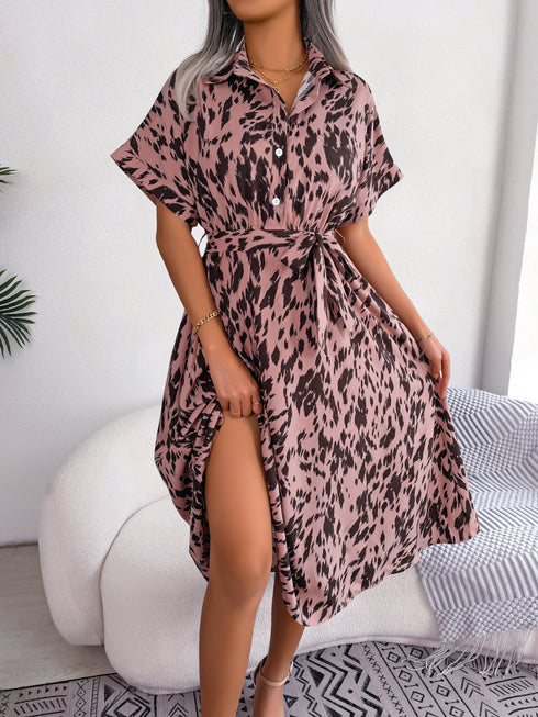Women's Loose Leopard Print Lace-up Dress