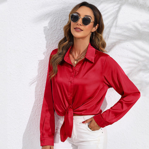 Women's Solid Colour Satin Long Sleeve Blouse
