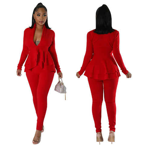 Womens Flounce Long Sleeve Pencil Pants Suit Set Narrow V-Neck