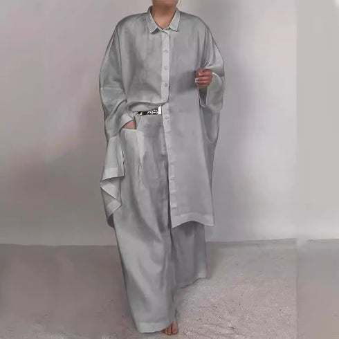 Womens Casual Dress Loose Solid Color Shirt Outfit Wide Leg Pants Two-piece Set