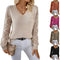 A collection of V-neck pullover sweaters with hollow long sleeves, available in various colors. The main image shows a woman wearing a beige sweater with this design.