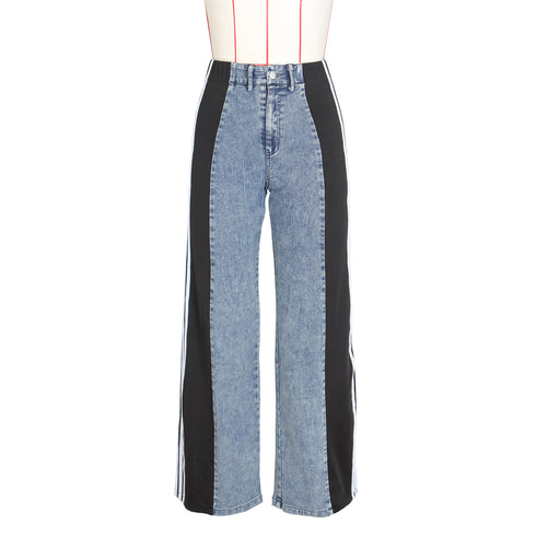 Women's High Waist Elastic Straight Leg Trousers Denim Wide Leg Pants Streetwear