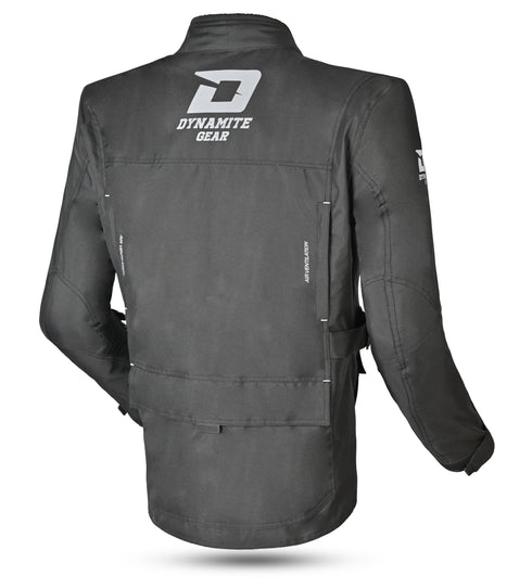 Back of a black motorbike touring jacket with a standing collar, zipper details, and multiple pockets. It is displayed with a Dynamite Gear logo and icons indicating water resistance, thermal insulation, and breathability.