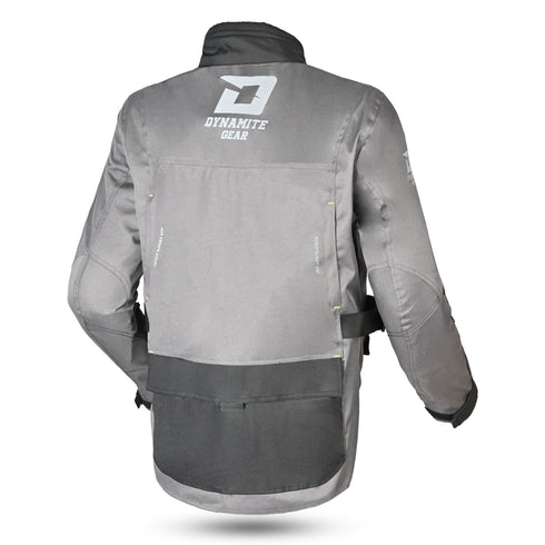 Back of a grey motorbike touring jacket with a 3-layer air ventilator system, multiple pockets, and reflective detailing.