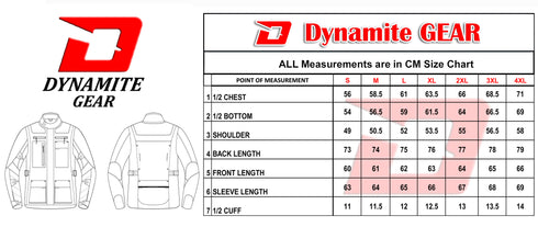 Size chart of the black jacket, measurements in centimetres