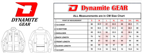 Size chart of black biker jacket, measurements in centimetre