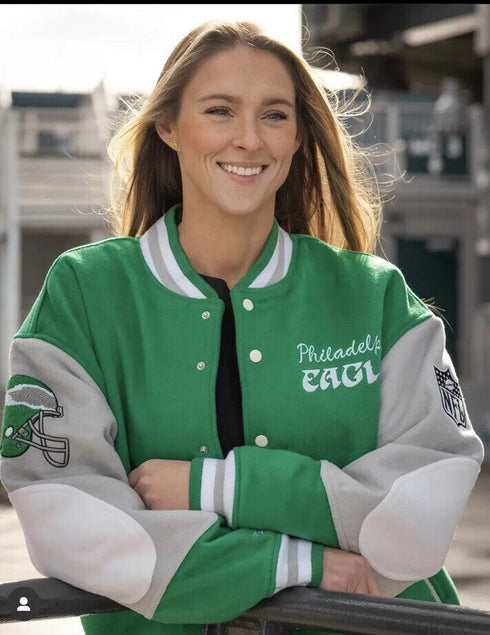 A lady wearing NFL Philadelphia Eagles Lady Diana's A+ Replica Jacket