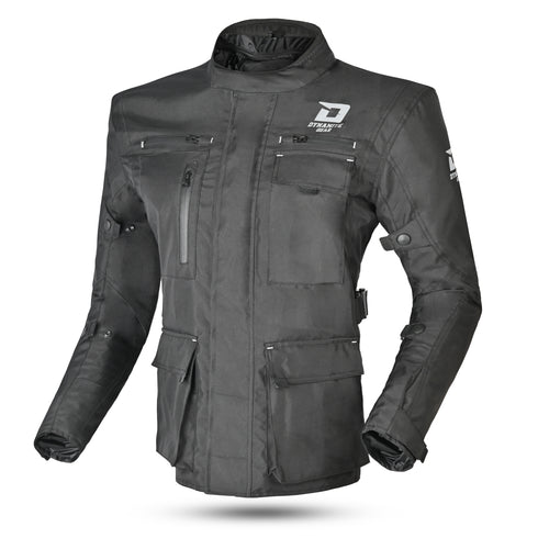 A black motorbike touring jacket with a standing collar, zipper details, and multiple pockets. A branded logo is printed on the front and one sleeve.