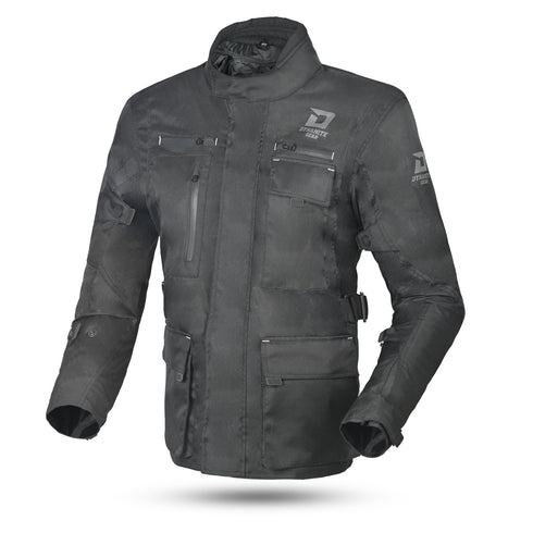 Front of a black motorbike touring jacket with a standing collar, zipper details, and multiple pockets. It is displayed with a Dynamite Gear logo on white background.
