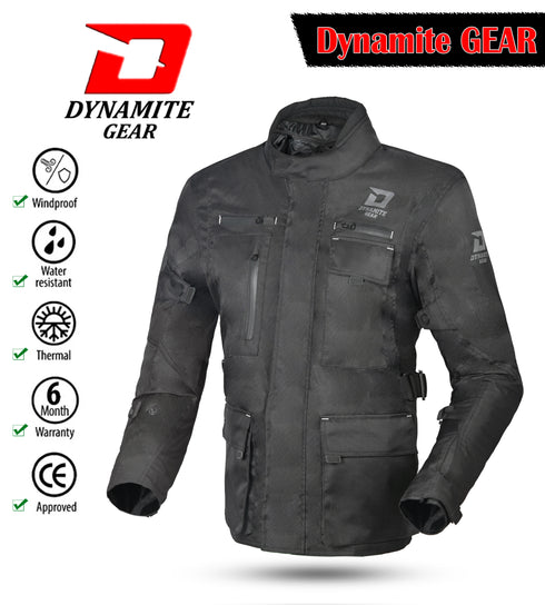A black motorbike touring jacket with a standing collar, zipper details, and multiple pockets. It is displayed with a Dynamite Gear logo and icons indicating water resistance, thermal insulation, and breathability.