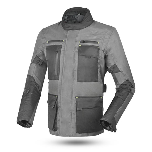 Front of a grey motorbike touring jacket with a 3-layer air ventilator system, multiple pockets, and reflective detailing.