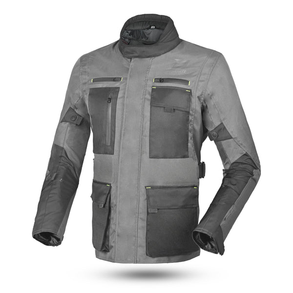 Front of a grey motorbike touring jacket with a 3-layer air ventilator system, multiple pockets, and reflective detailing.