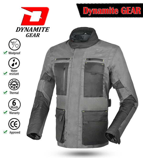 A grey Dynamite brand touring jacket with a high collar, multiple pockets, and ventilation layers, displayed with icons indicating its features such as water resistance, thermal insulation, and ventilation.