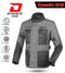 A grey Dynamite brand touring jacket with a high collar, multiple pockets, and ventilation layers, displayed with icons indicating its features such as water resistance, thermal insulation, and ventilation.