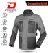 A grey Dynamite brand touring jacket with a high collar, multiple pockets, and ventilation layers, displayed with icons indicating its features such as water resistance, thermal insulation, and ventilation.