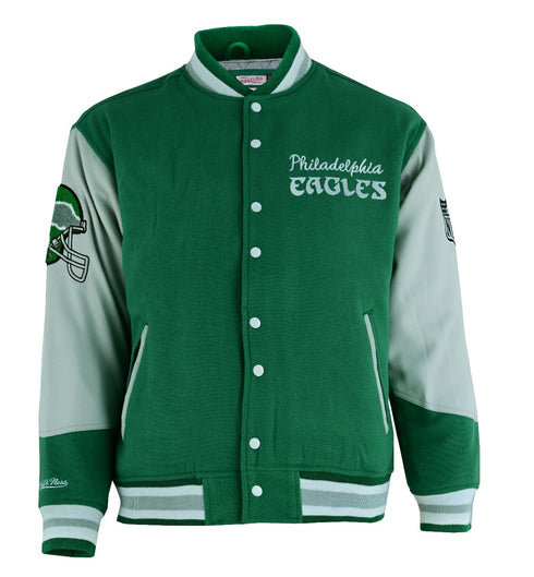 Green and gray letterman jacket with 'Philadelphia Eagles' text on a white background