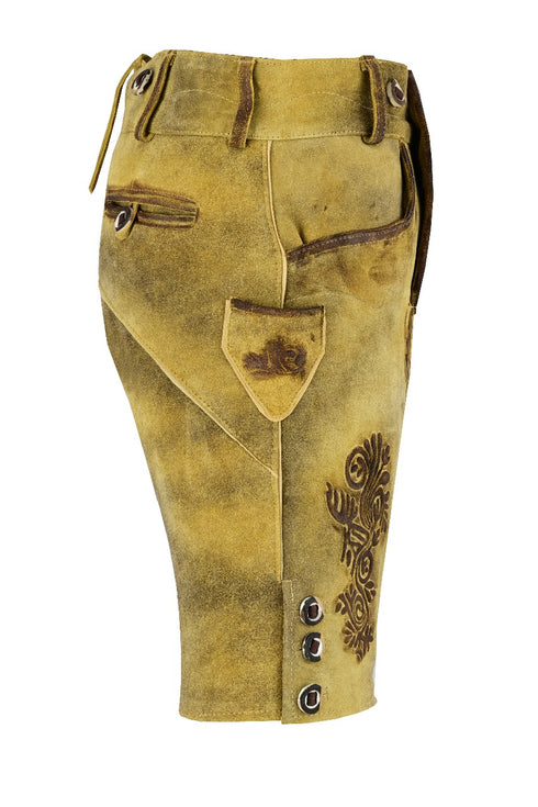 Brown leather shorts with embroidery on a white background
