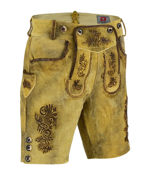 Brown leather shorts with decorative stitching on a white background