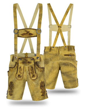 Traditional Bavarian lederhosen with suspenders on a white background