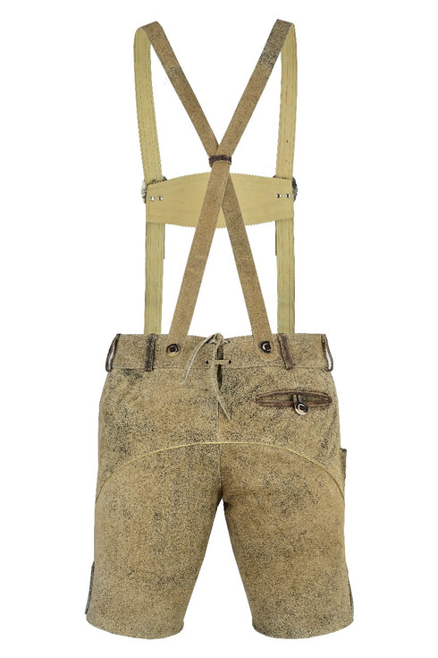Back of lederhosen shorts with suspenders displayed on a white background