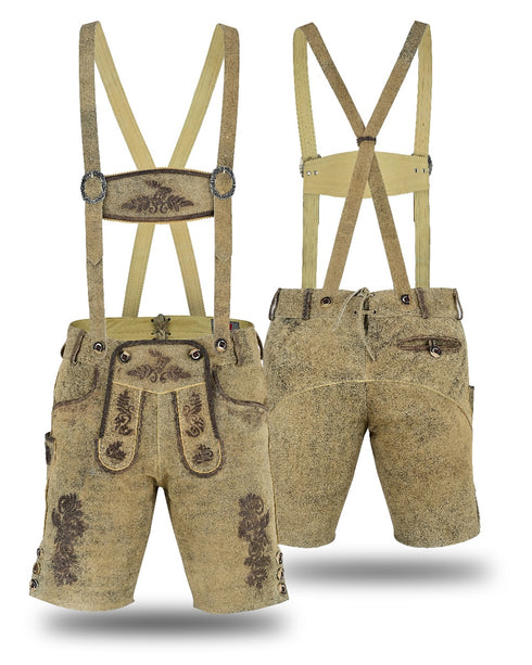 Traditional Bavarian lederhosen with suspenders on a white background